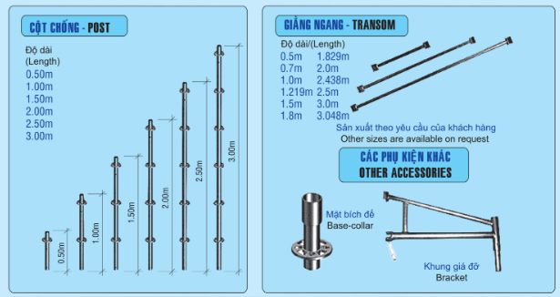 thông số kỹ thuật cột chống ringlock và các phụ kiện khác